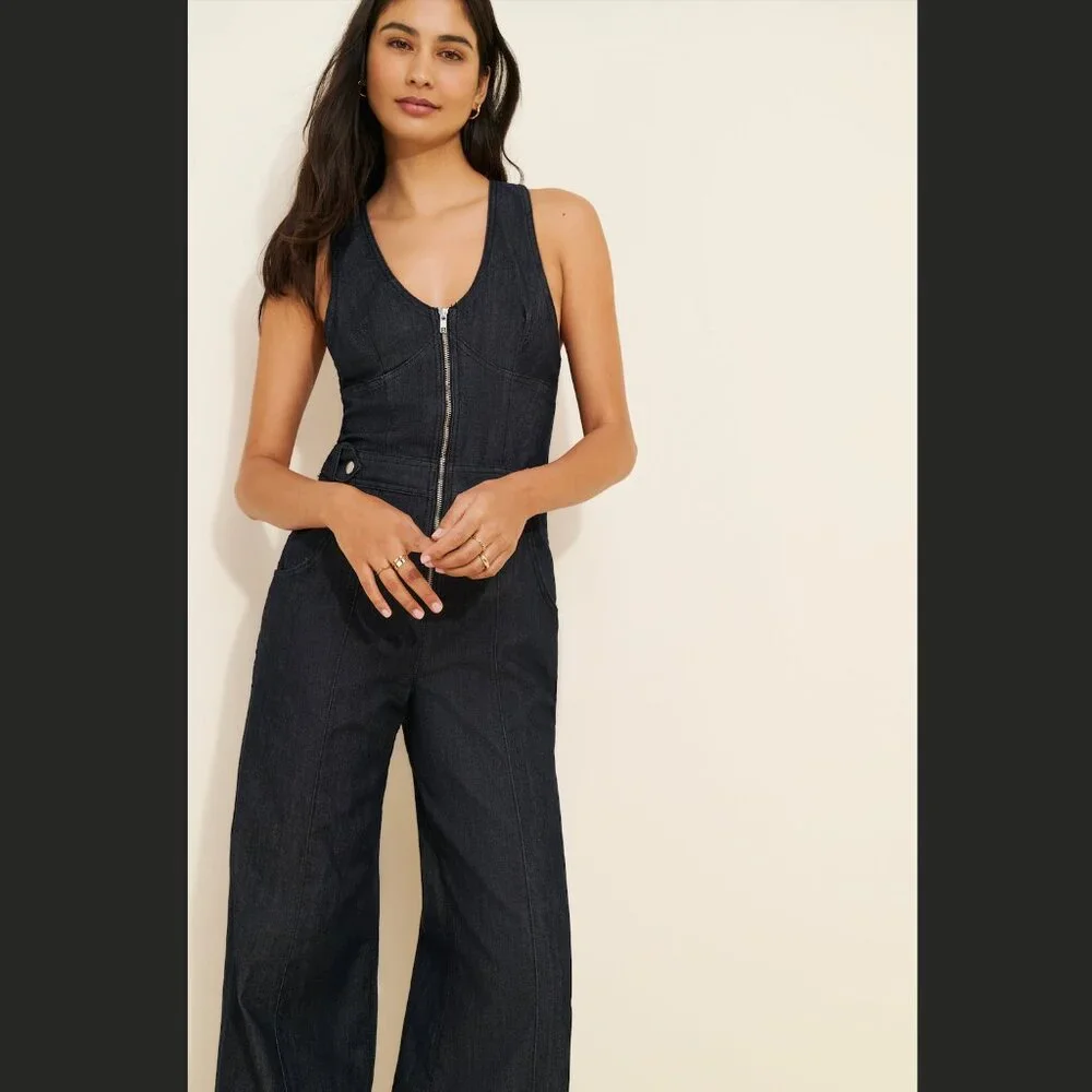Sleeveless V-Neck Flare Denim Jumpsuit (Maeve by Anthropologie) - Picture 3 of 4